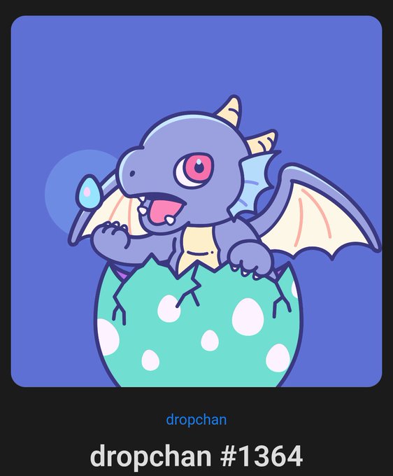 An illustration of a cute purple dragon emerging from a speckled teal egg on a blue background, labeled 'dropchan #1364' at the bottom.
