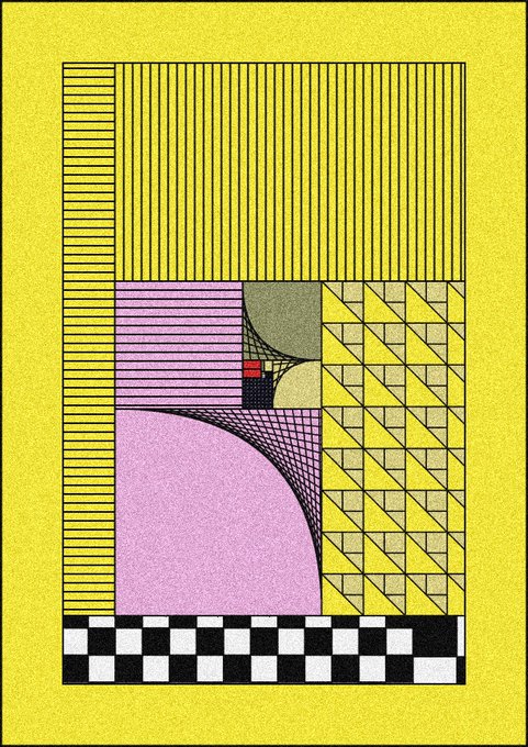 An abstract geometric composition featuring pink, yellow, and grey shapes with patterns including stripes, triangles, checkers, and a grid of radiating lines on a yellow background.