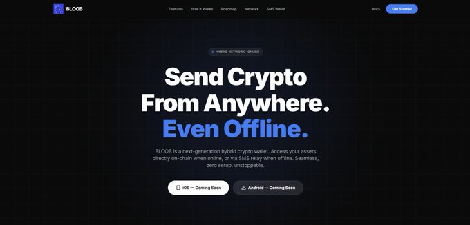 A website screenshot for BLOOB, a hybrid crypto wallet, featuring the headline 'Send Crypto From Anywhere. Even Offline.' and noting 'HYBRID NETWORK - ONLINE' at the top.