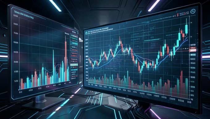 Two large monitors display financial trading charts with candlestick patterns and red/green bars in a dark, futuristic setting with blue LED accents.
