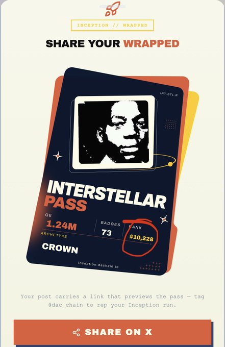 An "Inception // Wrapped" shareable digital pass styled like an ID card, titled "INTERSTELLAR PASS," showing a portrait of a man, with stats: OE 1.24M, ARCHETYPE CROWN, 73 BADGES, and RANK #10,228, plus a "SHARE ON X" button.