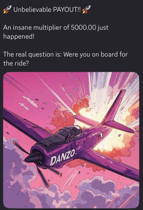 A promotional post celebrating a '5000.00' multiplier, featuring anime-style artwork of a purple fighter plane labeled 'DANZO' flying away from an explosion.