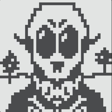 A pixel art style portrait of a bald, smiling character with large eyes against a gray background.