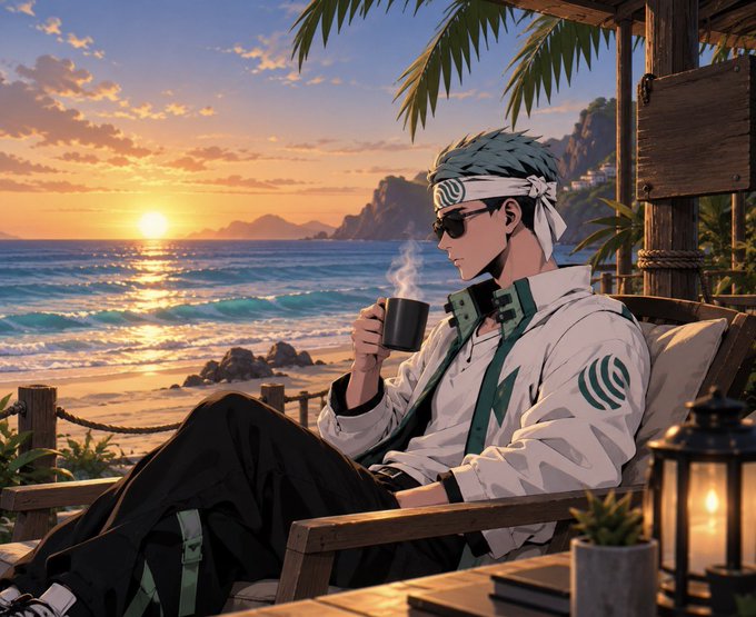 An anime-style character with a white headband and green-striped jacket sits in a wooden chair drinking from a mug while overlooking a sunset beach scene.