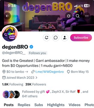 The image shows a Twitter/X profile page for "degenBRO" (@degenBRO_) with 1.8K Following, 39K Followers, and a bio identifying him as a "Garri ambassador." The profile appears unrelated to the accompanying post about reactivating "idolo accounts" involving Nikita, suggesting the tweet references external drama rather than anything depicted in the screenshot itself.