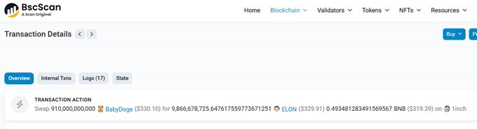 A BscScan transaction page shows a massive swap of 910,000,000,000 BabyDoge ($330.10) for 8,866,678,725.64767559773671251 ELON ($329.91) and 0.493481283491569567 BNB ($319.39) on 1inch, supporting the post's claim that a trader converted their BabyDoge holdings into ELON tokens.