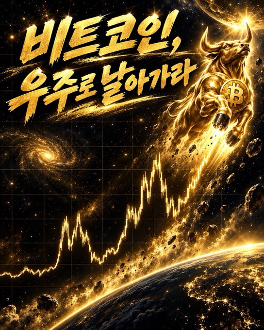A dramatic digital illustration features a golden muscular bull with a Bitcoin logo on its shield charging through space, accompanied by Korean text '비트코인, 우주로 날아가라' (Bitcoin, fly to space) and a rising stock chart.