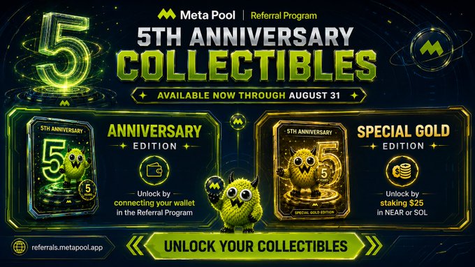 A promotional graphic for the 'Meta Pool Referral Program' advertising '5TH ANNIVERSARY COLLECTIBLES' available through August 31, featuring 'ANNIVERSARY EDITION' and 'SPECIAL GOLD EDITION' collectibles unlocked by connecting a wallet or staking $25 in NEAR or SOL.