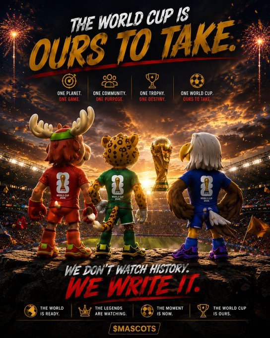 The image features a poster for the World Cup that includes three cartoon characters, each representing different teams from around the world. They are standing together against a backdrop of fireworks, symbolizing the excitement and celebration associated with the event. The text on the poster encourages people not to miss out on this historic moment by writing it down in Ethereum.