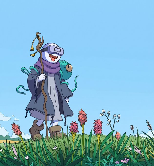 A whimsical illustration shows a white character in a VR headset and dark cloak holding a staff, standing in a grassy field with a small teal chameleon on its shoulder.