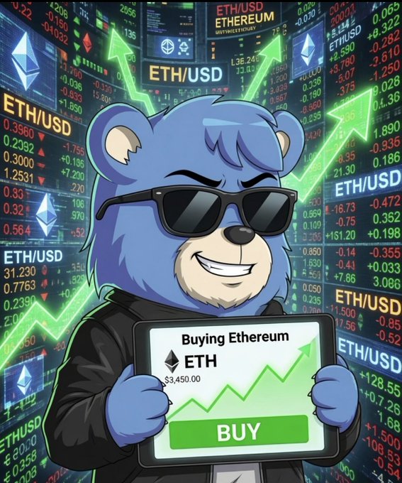 Illustration of a blue bear mascot wearing sunglasses and holding a tablet showing 'Buying Ethereum ETH' at $3,450.00, surrounded by ETH/USD trading charts.