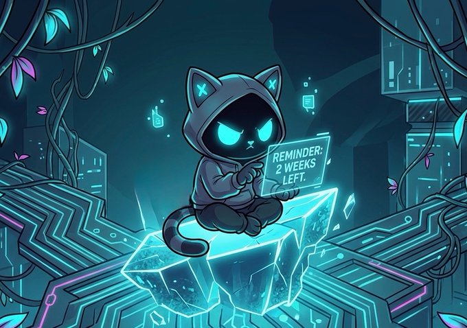 A glowing cyber-cat with a hood and glowing blue eyes sits atop a crystalline block in a neon-lit digital landscape, displaying a holographic screen that reads "REMINDER: 2 WEEKS LEFT." The futuristic, tech-savvy imagery reinforces the post's urgent call to reclaim stranded $SOL from ghost assets before Season 15 ends, with junk.fun positioned as the cleanup solution.
