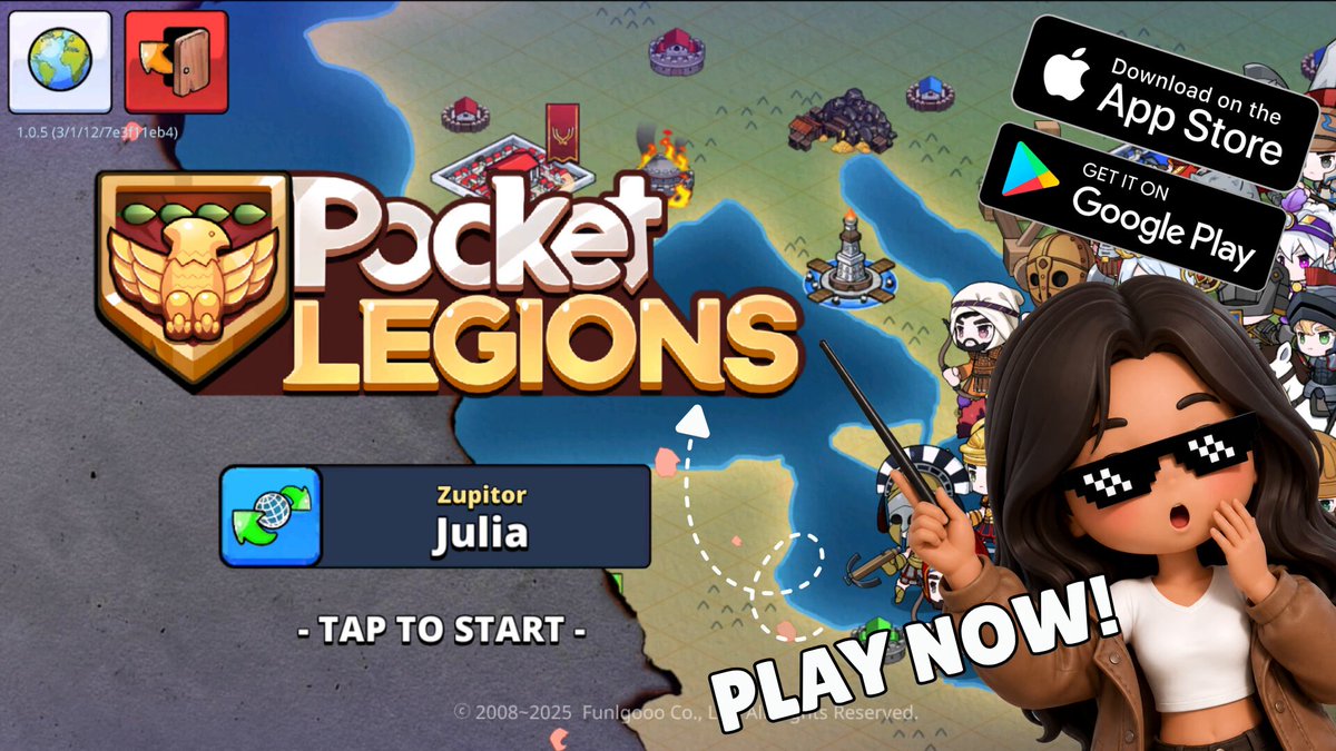 The image features a poster for a video game called Pocket Legends, which has been released since 2008. The poster includes a character wearing sunglasses and a white shirt with a bird logo. A woman dressed as Julia is also present in the scene. The text on the poster encourages players to "play now" and mentions that the game was developed by Immutable Games.