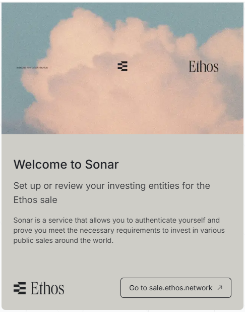 A welcome page for "Sonar" by Ethos featuring a cloud background, explaining that it is a service for authentication and investment in public sales.