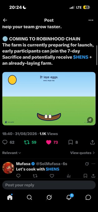 A mobile screenshot of a social media post on X (formerly Twitter) from Mufasa announcing a 7-day Sacrifice event for SHENS tokens, mentioning Robinhood Chain and featuring an image of an egg-laying animation.