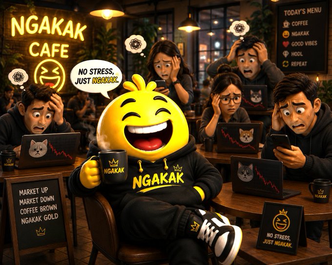 An illustration of a cafe called 'NGAKAK CAFE' featuring a central laughing emoji character in a hoodie, surrounded by stressed people looking at laptops and phones displaying falling charts, with signs reading 'NO STRESS, JUST NGAKAK' and a menu listing 'COFFEE', 'NGAKAK', 'GOOD VIBES', 'HOOL', and 'REPEAT'.