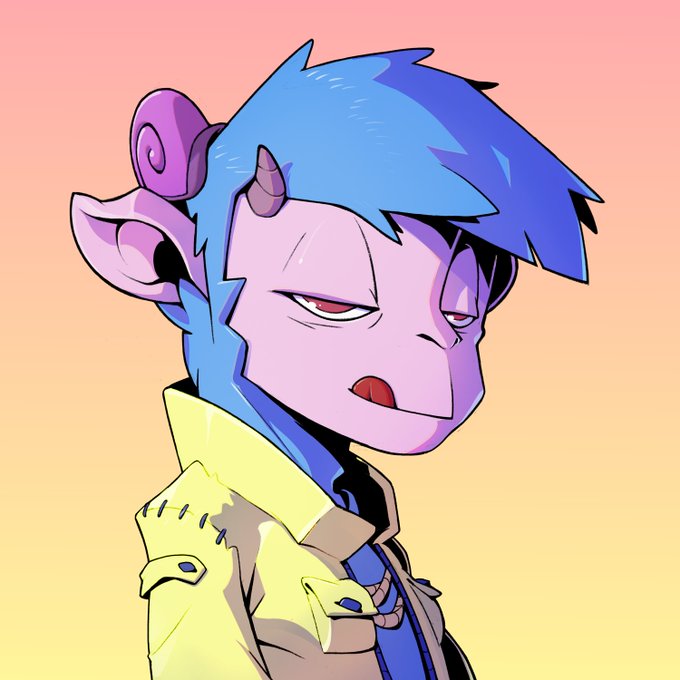 A stylized cartoon illustration of a blue-haired, purple-skinned character with pointed ears and small horns, wearing a yellow jacket against a pink-to-yellow gradient background. The image serves as the creator's artistic profile, which was gifted to the poster by their friend as part of supporting the @GoatsOfSolana community.