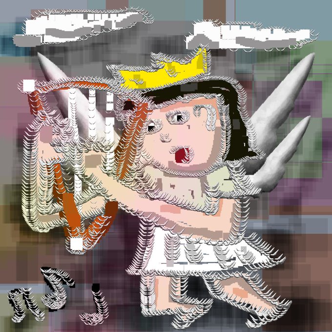 A chaotic digital collage or drawing of a cartoonish figure wearing a crown, featuring distorted facial features, scribbled outlines, and various unrelated graphic elements.