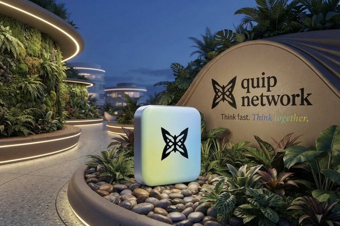 An architectural, futuristic garden landscape featuring a prominent "quip network" sign and a glowing device branded with a butterfly logo. The image visually represents the "practical approach" mentioned in the post by placing high-tech hardware within a lush, seamless environment.