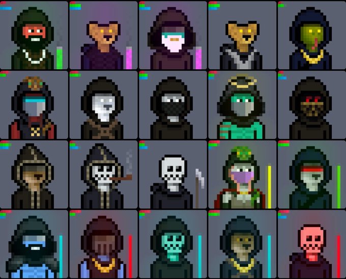 A 4x5 grid of pixel art character portraits featuring hooded figures, skeletons, and ninjas, each with a small status bar displayed in the corner.