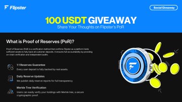 This image promotes a "100 USDT GIVEAWAY" from Flipster, asking users to share their thoughts on its Proof of Reserves (PoR) to win rewards. It visually explains what PoR is and highlights Flipster's guarantees.