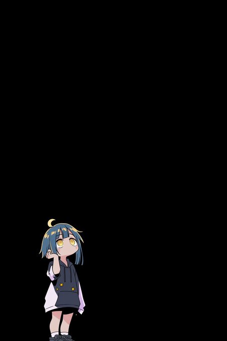 An anime-style character with blue hair and yellow eyes standing against a black background.