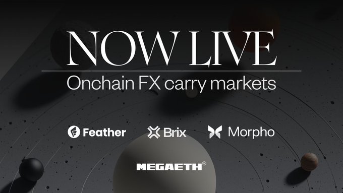 A dark promotional graphic with spherical shapes announces "NOW LIVE - Onchain FX carry markets," featuring logos for Feather, Brix, Morpho, and Megaeth, indicating the launch of FX carry markets onchain in collaboration with Brix and Mega.