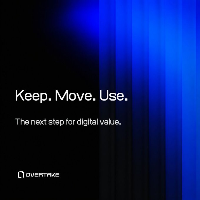 A sleek black and blue gradient image featuring the white text "Keep. Move. Use. — The next step for digital value." alongside the OVERTAKE logo. The bold tagline visually reinforces the post's message about evolving digital value in gaming, where players can now retain, transfer, and utilize their digital assets.