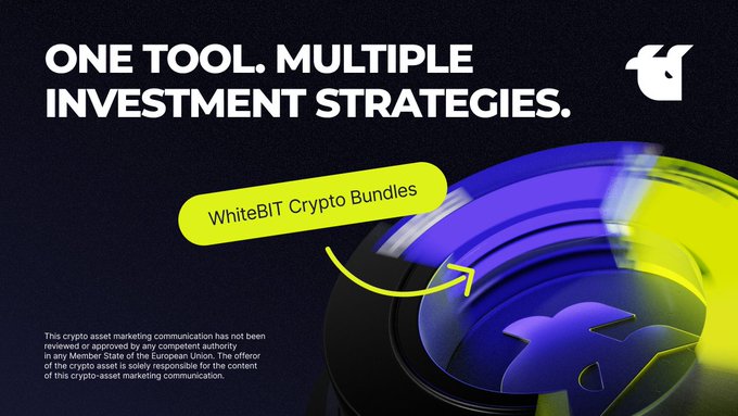 The image is a promotional graphic featuring bold white text "ONE TOOL. MULTIPLE INVESTMENT STRATEGIES." alongside a stylized speech bubble highlighting "WhiteBIT Crypto Bundles," with a sleek blue and yellow circular design on the right. The visual reinforces the post's message that WhiteBIT offers versatile crypto bundle options catering to different investment styles—from beginners to DCA strategists—all accessible through a single platform.