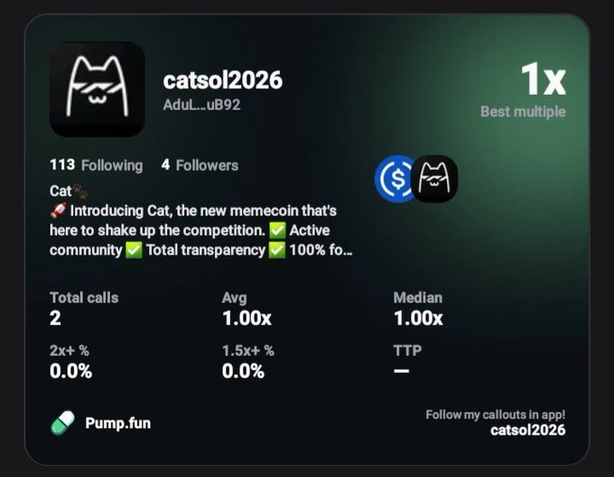 A digital profile card for 'catsol2026' with username 'AduL...uB92', displaying 113 Following, 4 Followers, and stats related to Pump.fun calls.