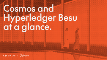 The image shows a couple walking down a street with orange buildings behind them. The text at the top reads "COSMOS AND HYPERLEDGER BESU AT A GLANCE." Below this, there are two lines of text that read "One ships with native connectivity to 150+ production ledgers. The other relies on third-party bridges for interoperability". The image does not provide any additional information about the content or context of the post.