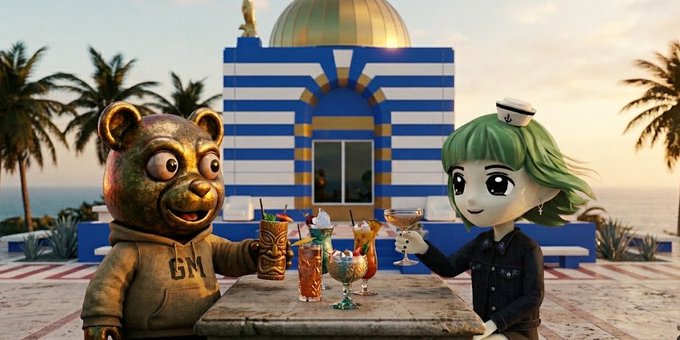 A 3D animated scene featuring a golden bear mascot in a 'GM' hoodie and a green-haired character in a sailor hat enjoying drinks at a table outside a blue and white striped building.