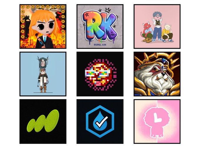 A 3x3 grid of various NFT profile pictures and logos, including Rebel Kin, a pixel art character, and crypto logos.