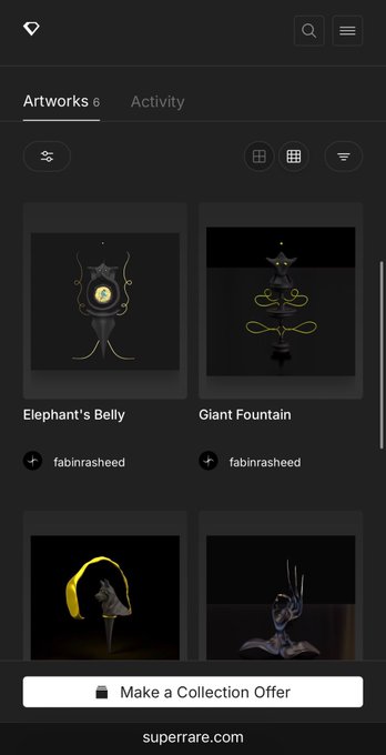 A SuperRare NFT gallery showing artworks by fabinrasheed, including pieces titled 'Elephant's Belly' and 'Giant Fountain' featuring abstract sculptural forms.