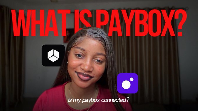 A woman in a red shirt smiles at the camera, with bold red text reading "WHAT IS PAYBOX?" displayed above her and a subtitle asking "Is my paybox connected?" below, alongside two app icons, visually introducing her new role as a Paybox Content Creator.