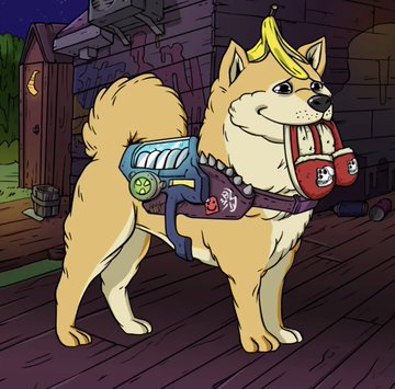 The image features a cartoon dog wearing a banana hat, standing on a wooden floor next to a door. There are two other dogs present in the scene - one with a banana hat as well, and another without any headgear. The caption of the image reads "Sundays are for the doggos The doggo that came with my ape vs The doggo that should have come with my ape (I own both) BAYC GMGM".