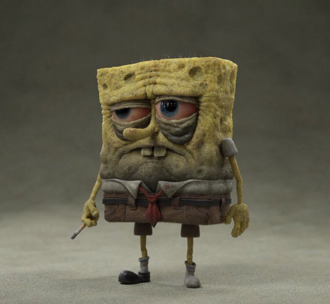 A weary, disheveled, and aged version of SpongeBob SquarePants stands slumped with a cigarette, droopy eyes, and a tattered appearance. The image humorously captures the exhausted, battered look of a Solana memecoin investor after enduring several intense days of trading losses and market chaos.