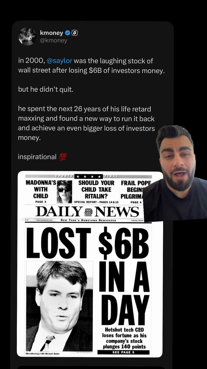 The image features a black and white photograph of an article titled "LOST $6B IN A DAY" with a man wearing a tie underneath it, suggesting that the photo was taken at a business meeting or event related to finance and investing. This photo is part of a larger social media post by a user named Koneye, who has included this photograph alongside a caption about Saylor losing 6 billion dollars in one day over 26 years ago, with the man's name in the bottom right corner.
