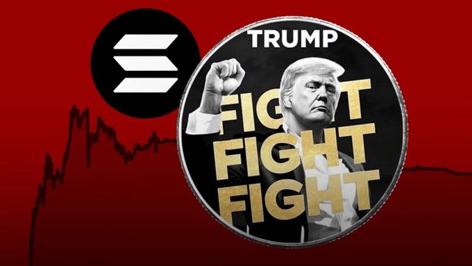 The image features a "$TRUMP Fight Fight Fight" commemorative coin displaying an image of Donald Trump with his fist raised, alongside a Solana logo and a downward trending stock chart on a red background, visually representing the significant financial losses reported in the accompanying post about the TRUMP memecoin.