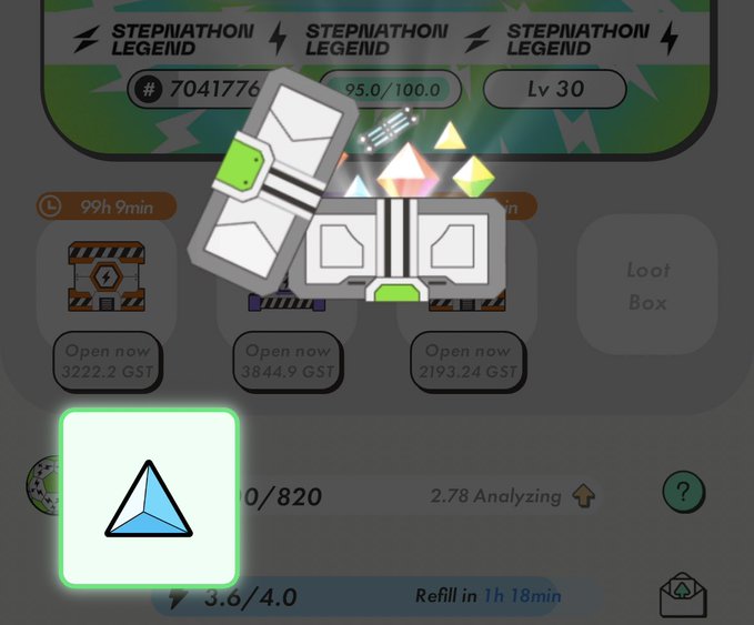 A StepNation Legend game screen showing level 30 with ID #7041776, displaying loot boxes costing 3222.2/3844.9/2193.24 GST and 3.6/4.0 energy with refill in 1h 18min.