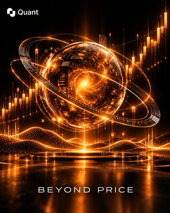 A stylized digital artwork featuring the 'Quant' cryptocurrency branding, with the tagline 'BEYOND PRICE' beneath a glowing orange sphere surrounded by floating candlestick charts.