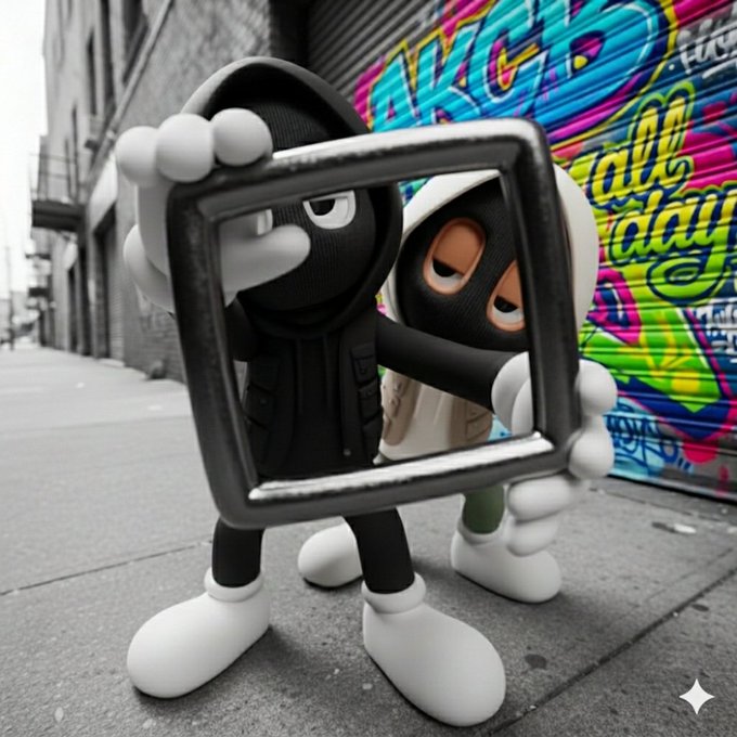 Two black cartoon characters wearing hoodies peer through a metallic square frame on a graffiti-covered street, one extending its hand through the opening as if posing for a photo. The background features colorful graffiti with partially visible text reading "all day," complementing the "GM GMers" (Good Morning) post with its playful, urban aesthetic.