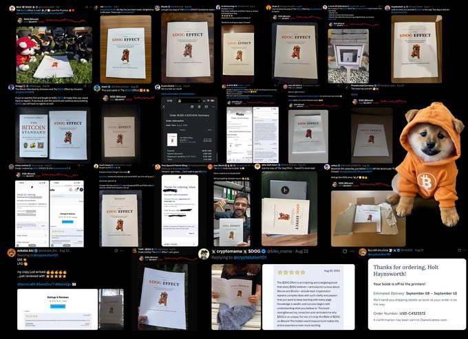 A collage of social media posts (likely from X/Twitter) showing customer reviews and photos of a physical book titled '$DOG: EFFECT - THE BOOK' alongside an image of a Shiba Inu dog in an orange Bitcoin hoodie.