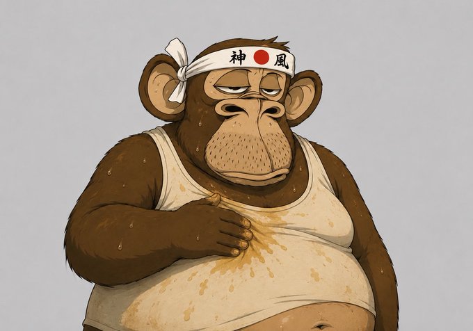 A tired, sweaty cartoon monkey wearing a headband with Japanese characters and a red dot (resembling the Japanese flag) sits with a worn-out, resigned expression and a stained white tank top. The image humorously parallels the "NFTs are inevitable" post by depicting a weary, defeated-looking character seemingly worn down by the unstoppable, exhausting march of an inescapable trend—just as one might feel resigned to the persistent rise of NFTs.