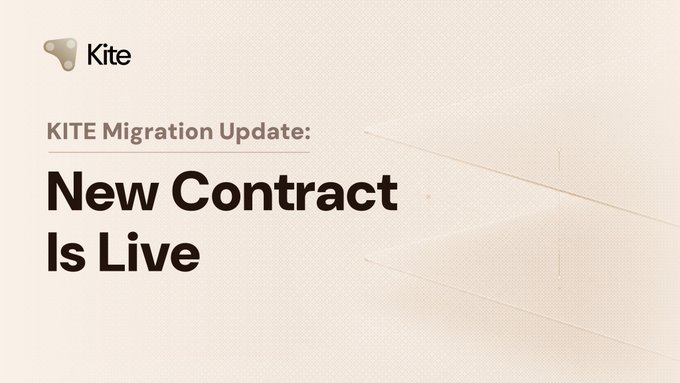 A beige promotional graphic reading "KITE Migration Update: New Contract Is Live" with the Kite logo in the corner.