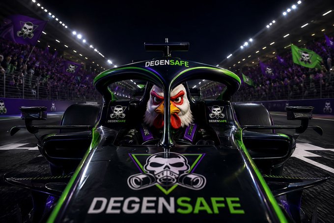 An action shot of a Formula 1 race car with two angry chickens as drivers, branded heavily with 'DEGENSAFE' logos and skull motifs on a race track.