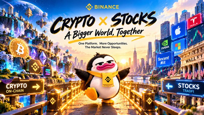 A Binance promotional banner titled 'Crypto x Stocks - A Bigger World, Together' featuring their mascot and logos of Bitcoin, Ethereum, Tesla, Apple, Nvidia, Tencent, and Microsoft.