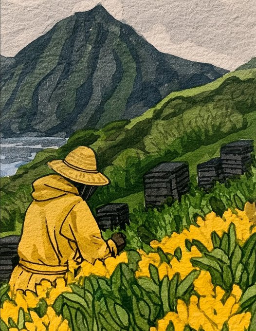 Watercolor-style illustration of a figure in a yellow raincoat and straw hat looking out over a field of yellow flowers toward a mountainous coastline.