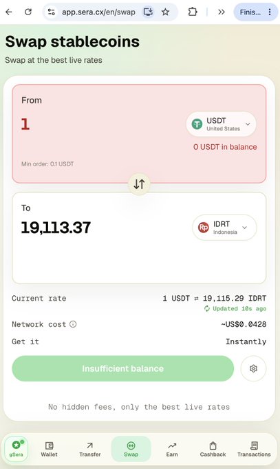 A mobile screenshot of the sera.cx swap interface showing the conversion of 1 USDT to 19,113.37 IDRT, but indicates 'Insufficient balance'.