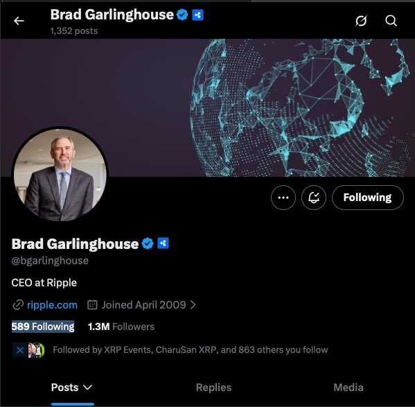 A screenshot of Brad Garlinghouse's verified X (Twitter) profile showing him as CEO at Ripple (@bgarlinghouse), with 1.3M followers and 1,352 posts. The profile features a globe graphic and his professional headshot, serving as visual confirmation of the XRP CEO referenced in the caption's question about trust.